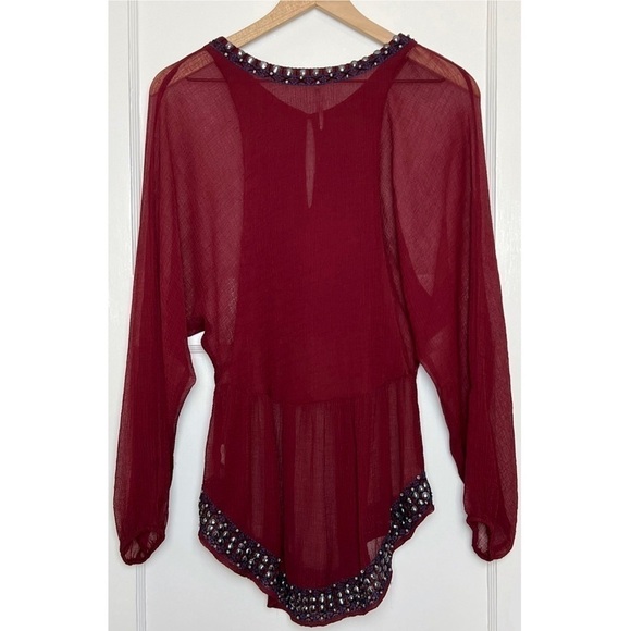 FREE‎ PEOPLE Burgundy Crinkle Sheer Embroidered Beaded Long Sleeve Boho Tunic S - Picture 4 of 6